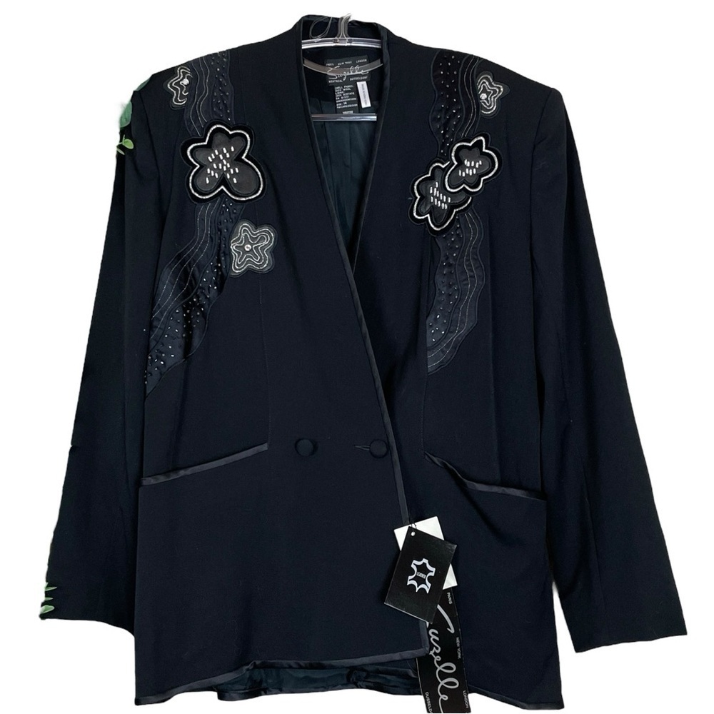 Vtg Suzelle Wool Leather Beaded Floral Embroidered Evening Jacket Black Size 14